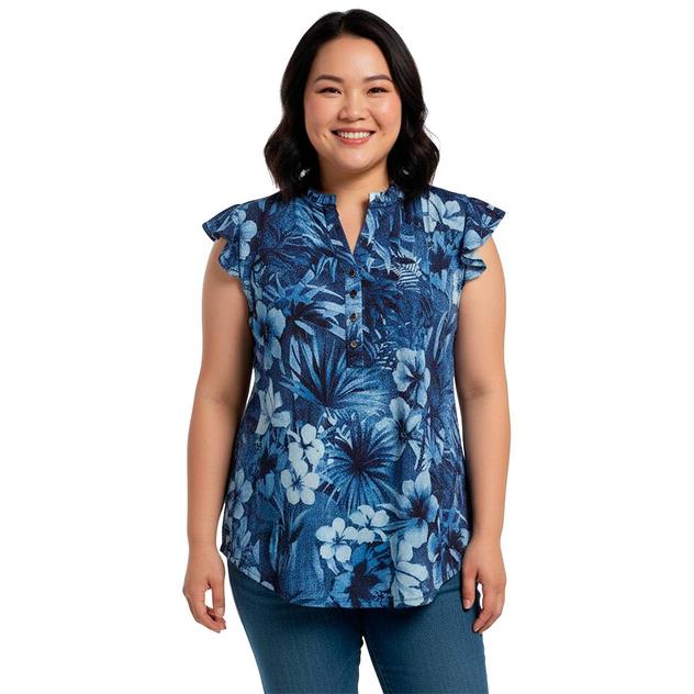 Plus Size Cocomo Flutter Cap Sleeve Ruffle Neck Floral Blouse