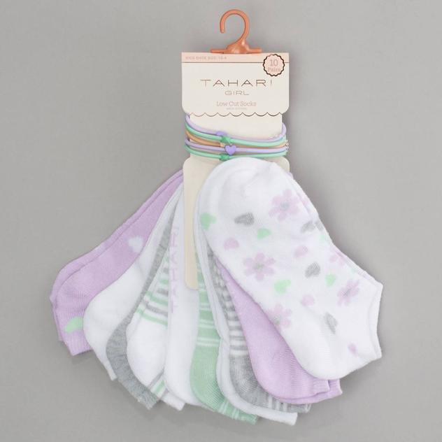 Girls Tahari 10pk. Floral Hearts/Solid/Stripe Low Cut Socks