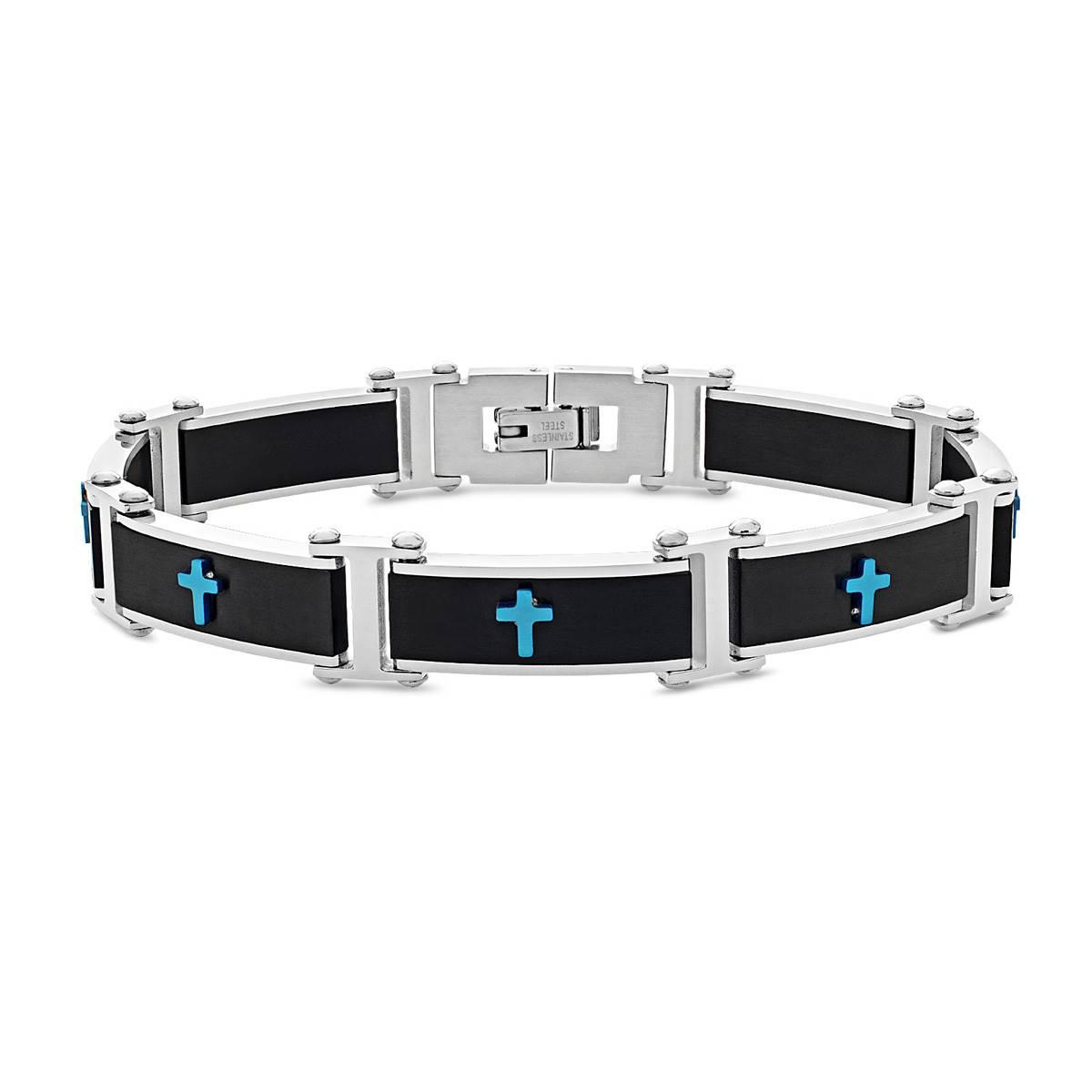 Mens Forever New Stainless Steel Carbon Fiber Cross Bracelet