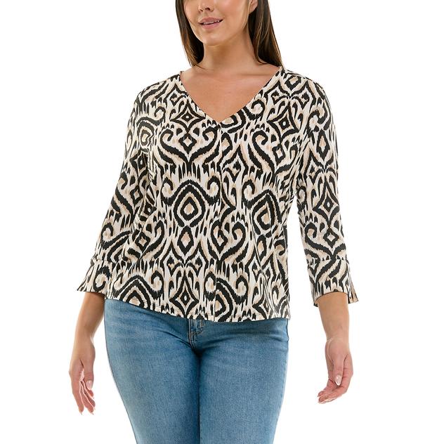 Petite Zac & Rachel 3/4 Sleeve Invert Pleat Ikat Blouse