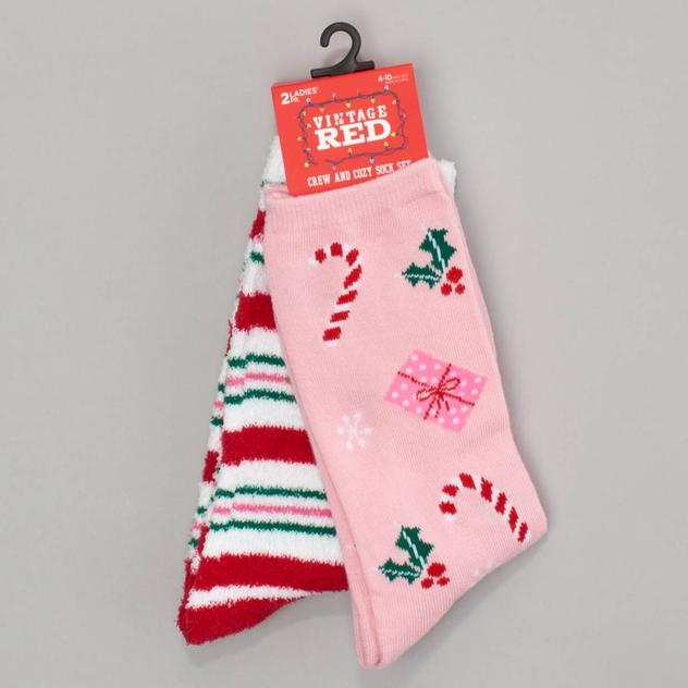 Womens Vintage Red 2Pk Candy Cane Cozy Crew Socks