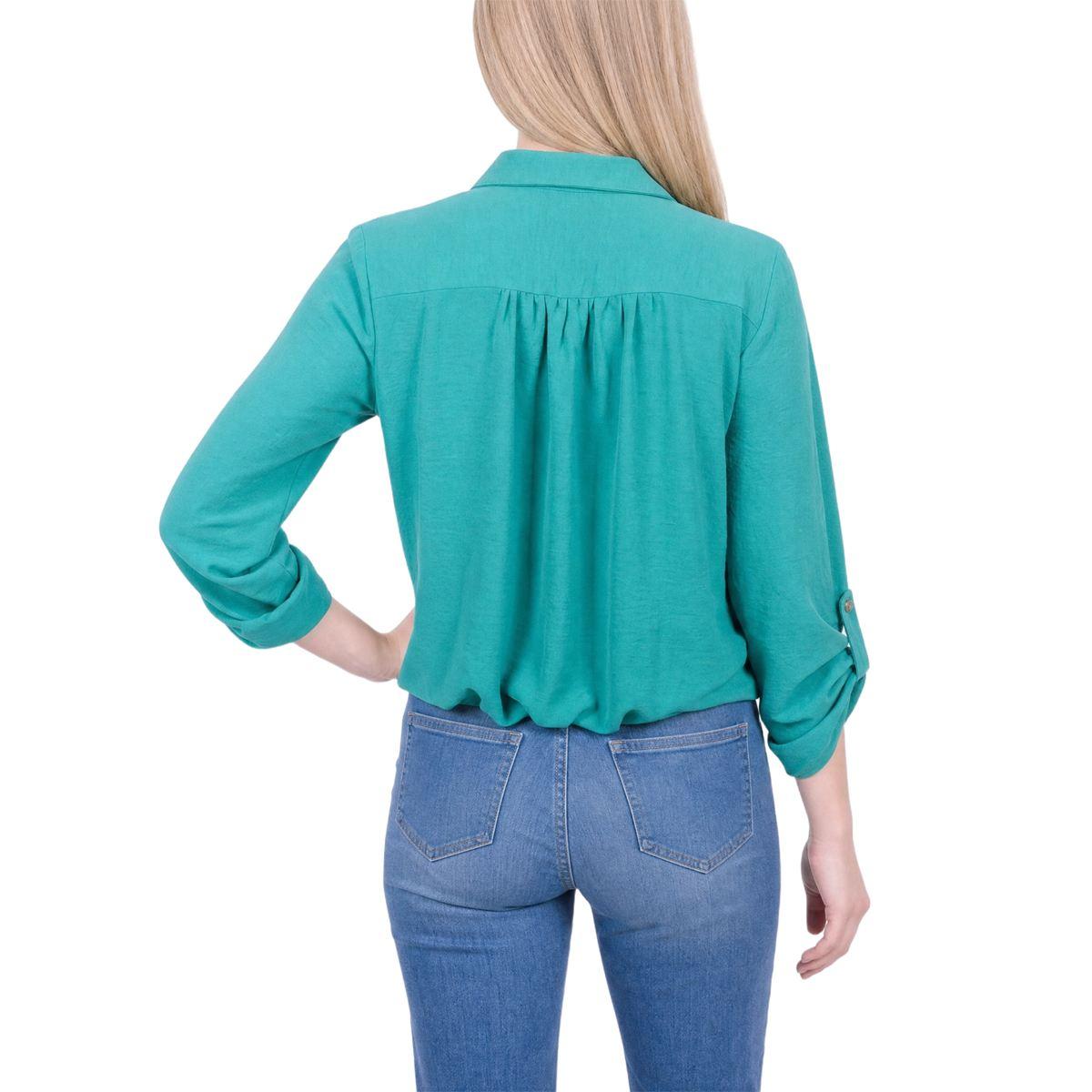 Womens NY Collection 3/4 Sleeve Roll Tab Casual Button Down