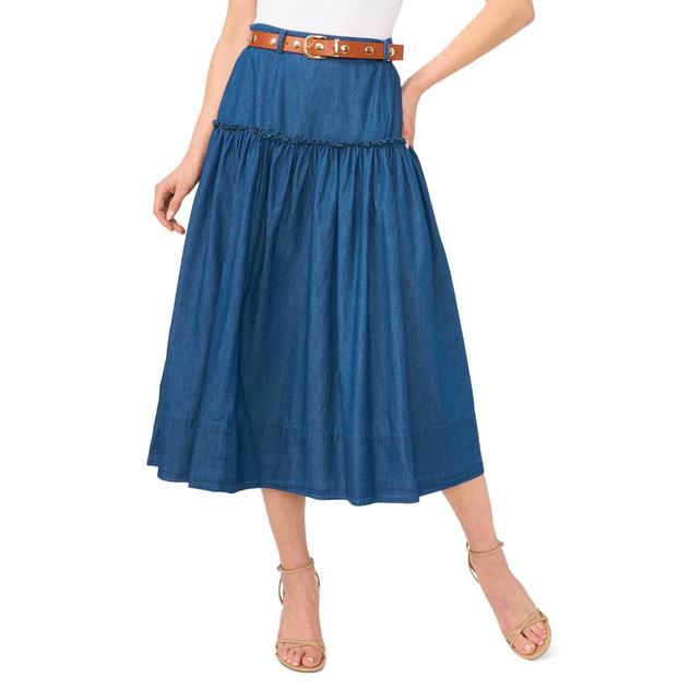 Womens Cece Belted Waist Tiered Denim Midi Skirt