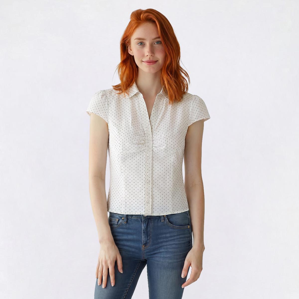 Juniors Love Tree Cap Sleeve Pin Dot Ruch Button Front Top