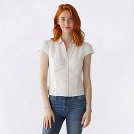 Juniors Love Tree Cap Sleeve Pin Dot Ruch Button Front Top