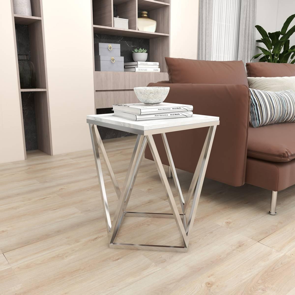 9th & Pike® Silver Marble and Stainless Steel Modern Accent Table