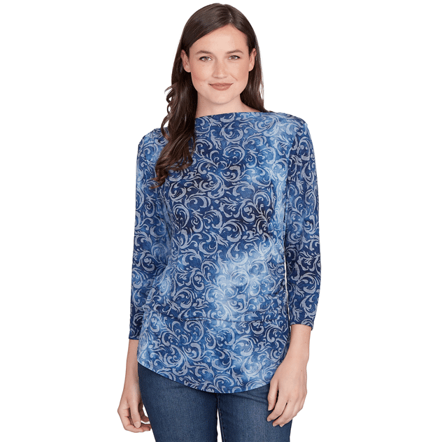 Womens Ruby Rd. Indigo Go Tie Dye Scroll Hacci Blouse