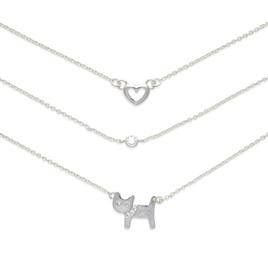 Three Silver-Tone Open Heart/Crystal/ Cat Charm Necklace Set