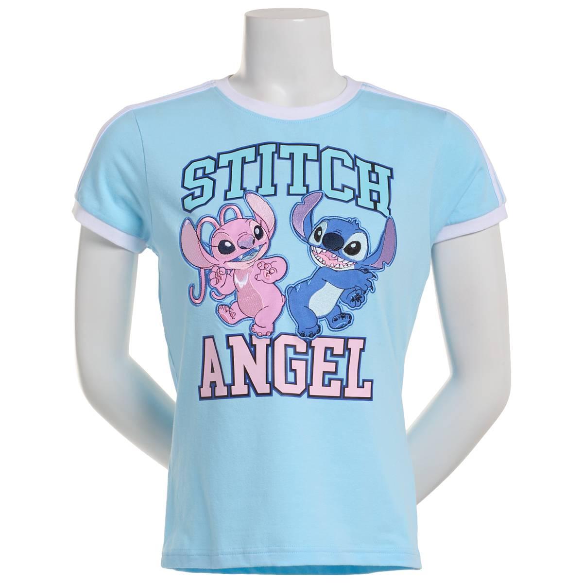 Juniors Freeze Embroidered Stitch & Angel Graphic Ringer Tee