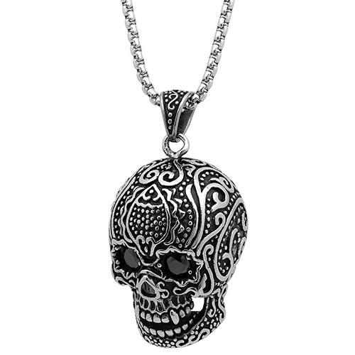 Mens Steeltime Skull Pendant & Black Cubic Zirconia Necklace