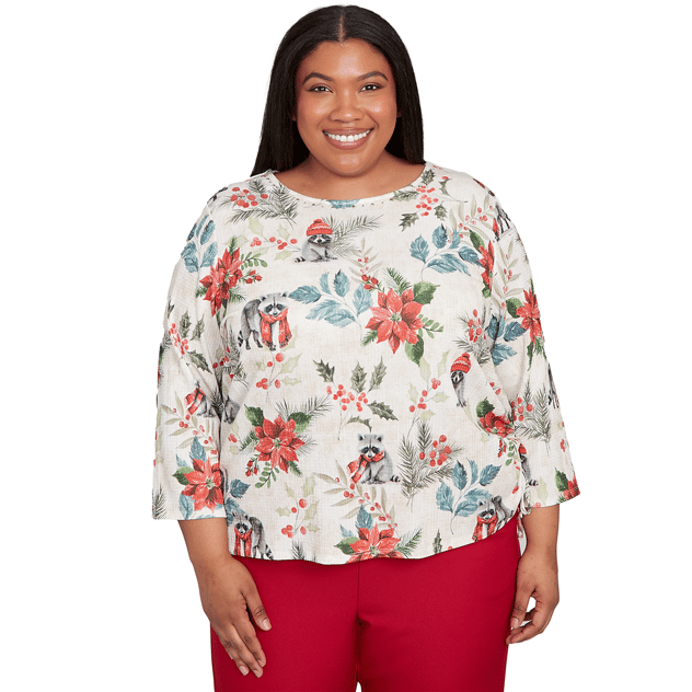 Plus Size Alfred Dunner Classics Raccoons & Poinsettias Blouse