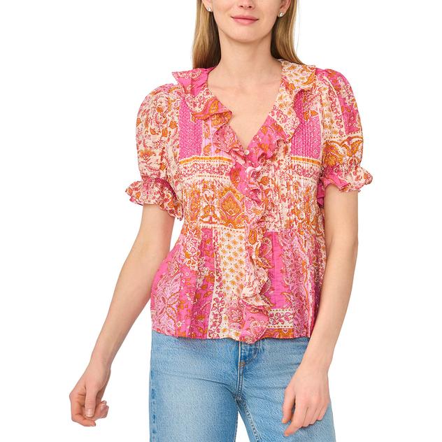 Womens Cece Short Sleeve V Neck Ruffle Front Patchwork Blouse