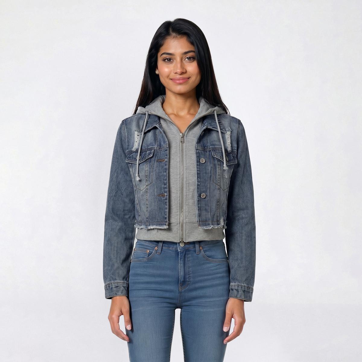 Juniors Love Tree Crop Layer Denim Jacket with Fleece Hood