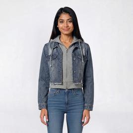 Juniors Love Tree Crop Layer Denim Jacket with Fleece Hood