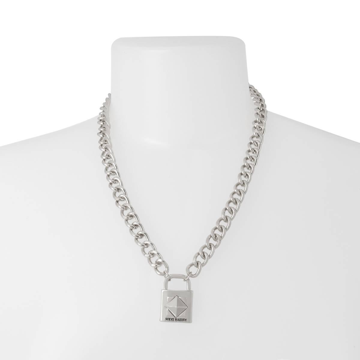 Steve Madden Silver Link Chain Necklace w/ Padlock Pendant