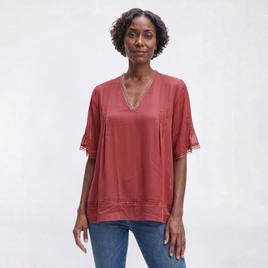 Womens Adrianna Papell Lace Trim Sleeve V Neck Pintuck Blouse