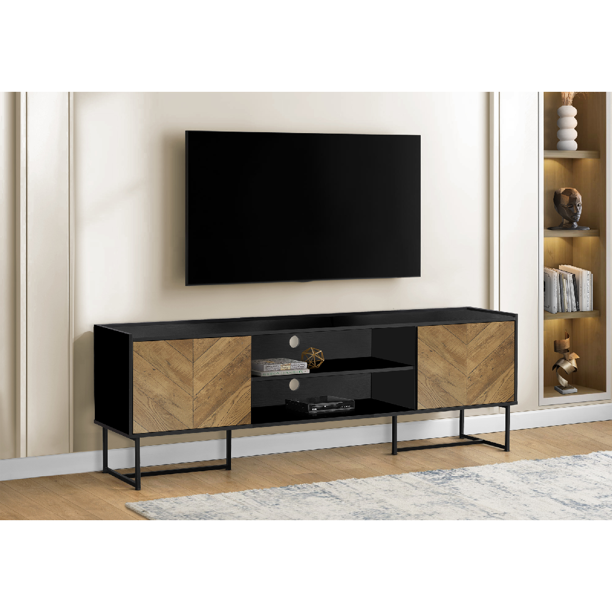 Monarch Specialties 72in. Black TV Stand with 2 Wood-Look Doors