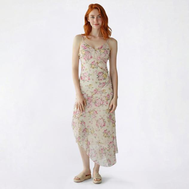 Juniors No Comment Mesh V Neck Slip Asymmetrical Maxi Dress