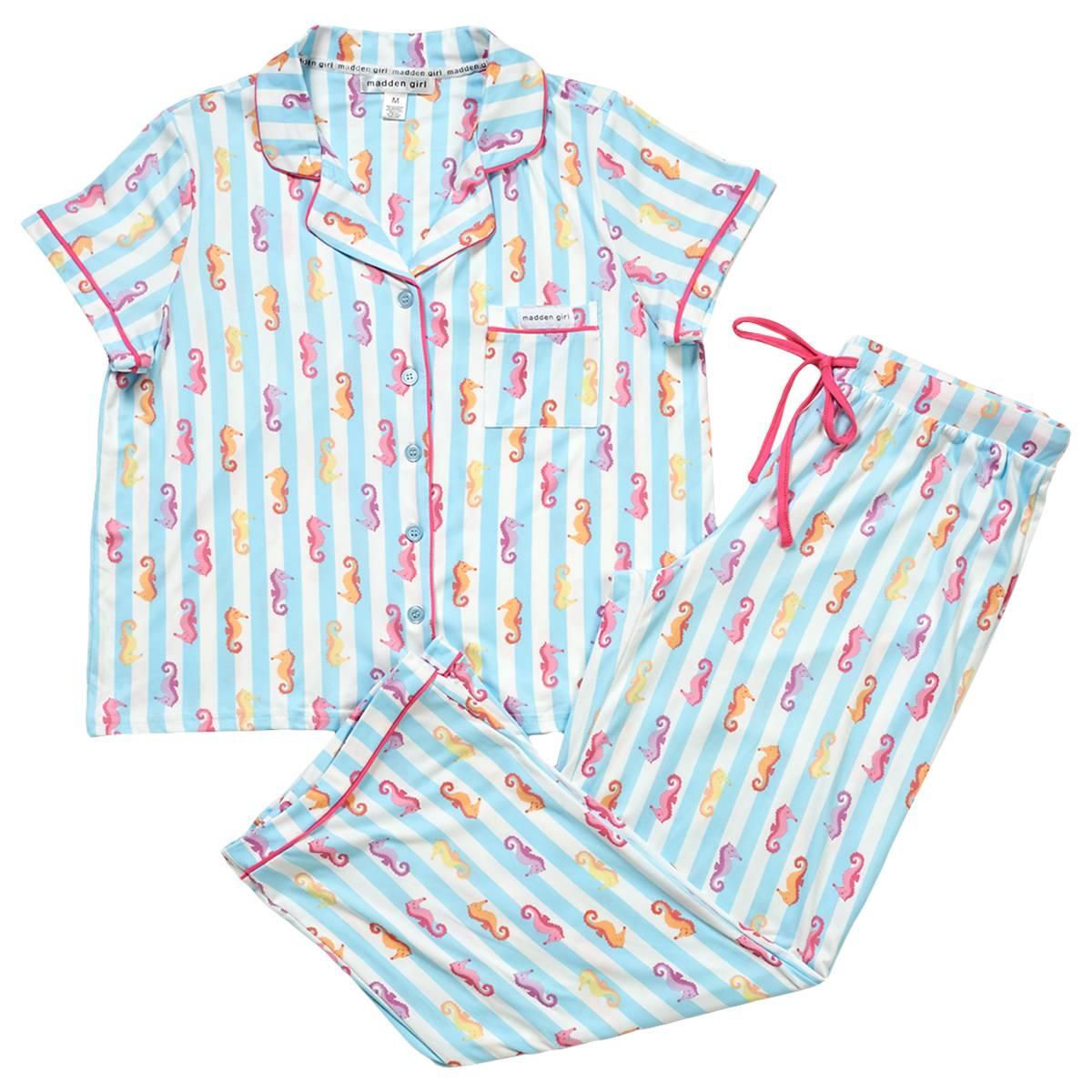Juniors Madden Girl Short Sleeve Seahorses & Stripe Pajama Set