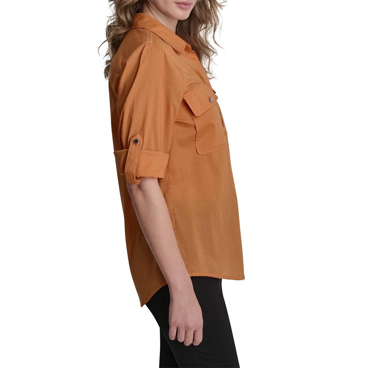 Womens DKNY Roll Tab Sleeve Solid Casual Button Down