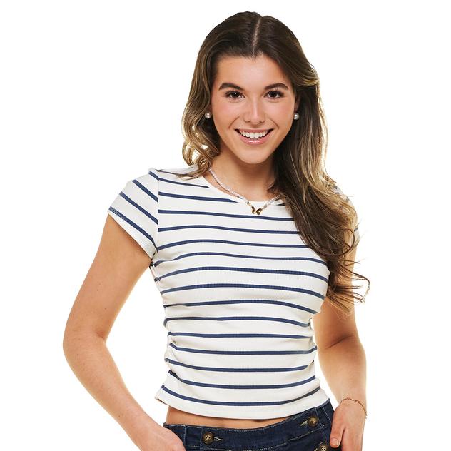 Juniors Pink Rose Ribbed Side Ruched Stripped Tee