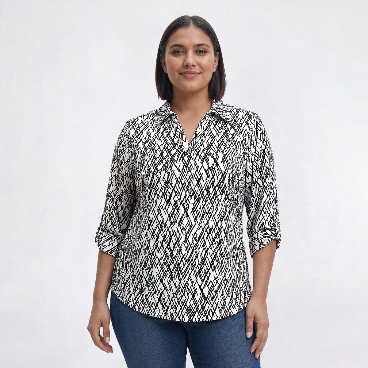 Plus Size Emily Daniels Split Neck Abstract Jacquard Blouse