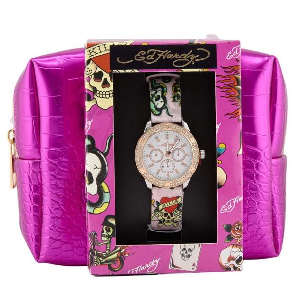 Womens Ed Hardy Watch & Make Up Pouch Set - A1978S-07-B01