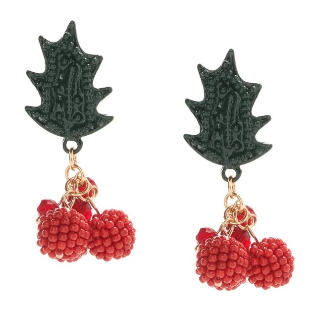 Gold-Tone Beaded Holly Leaf & Berries Drop Earrings