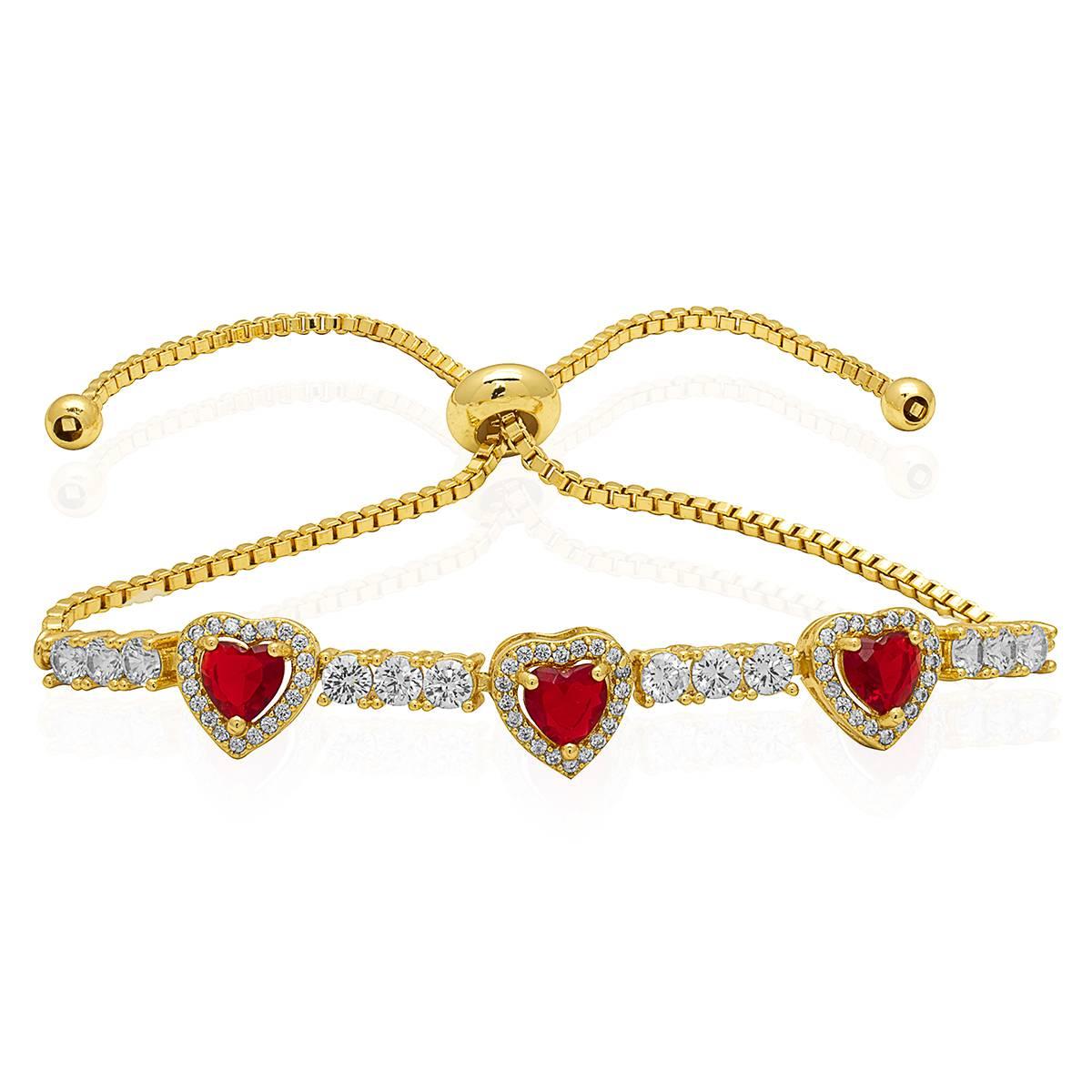 Lab Grown Ruby Triple Halo Heart Adjustable Bracelet