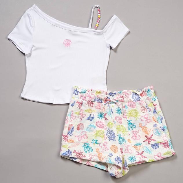 Girls (7-16) No Comment Cold Shoulder Bead Tee & Shell Shorts