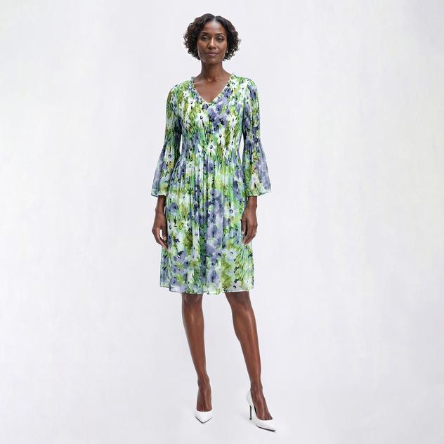 Womens Emma & Michele Floral Pleated V Neck A-Line Dress