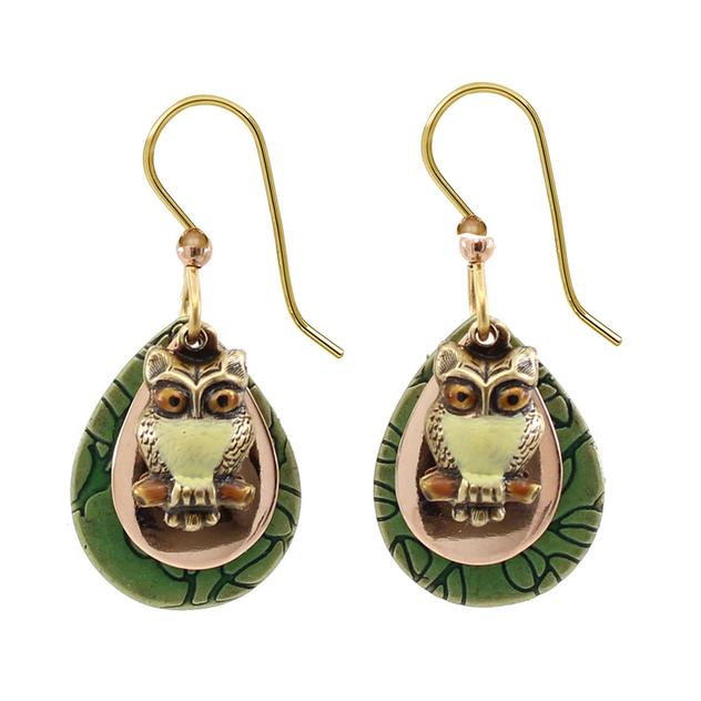 Silver Forest Perched Owl on Layered Teardrop Drop Earrings