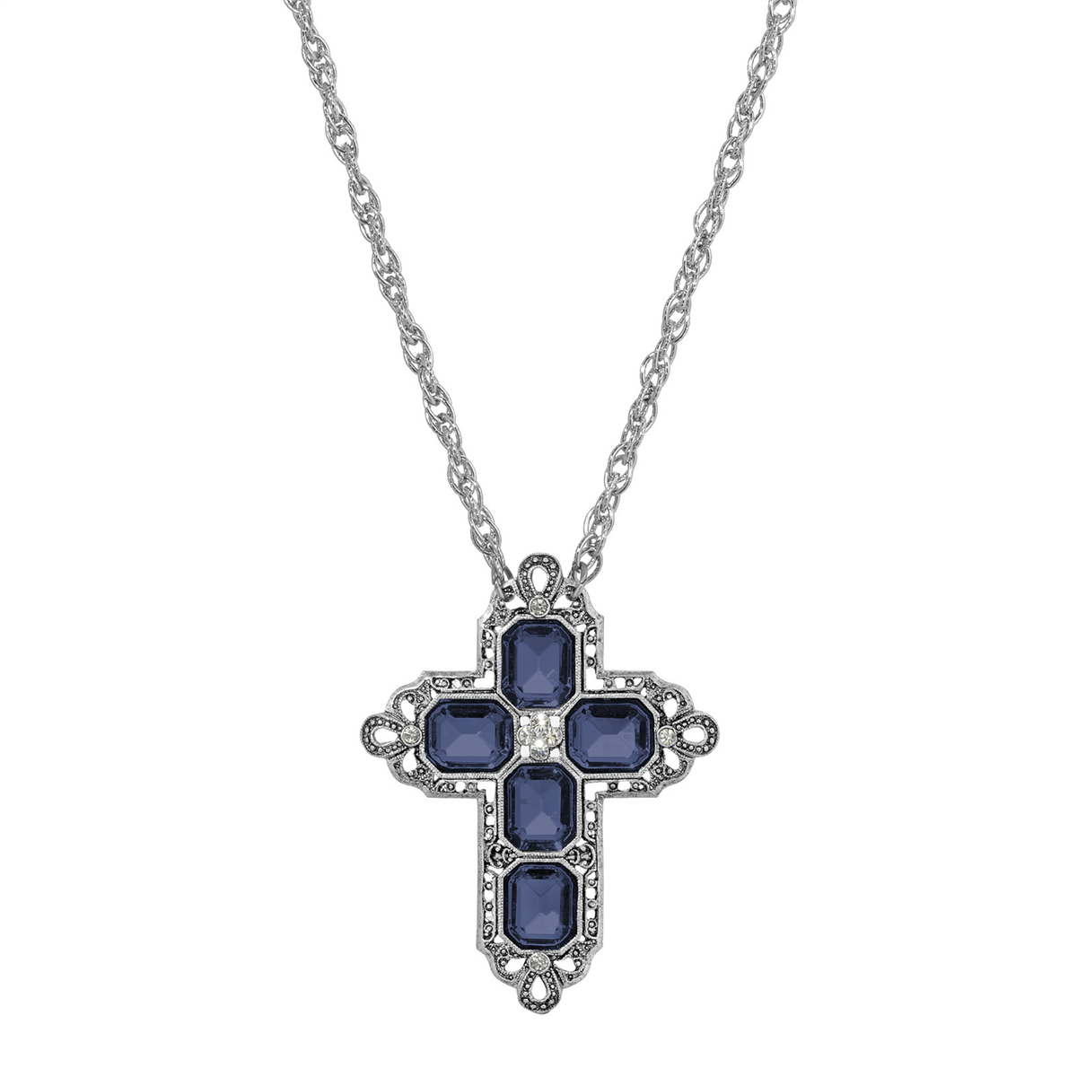 Symbols of Faith Pewter Rectangluar Crystal Cross Chain Necklace