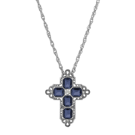 Symbols of Faith Pewter Rectangluar Crystal Cross Chain Necklace