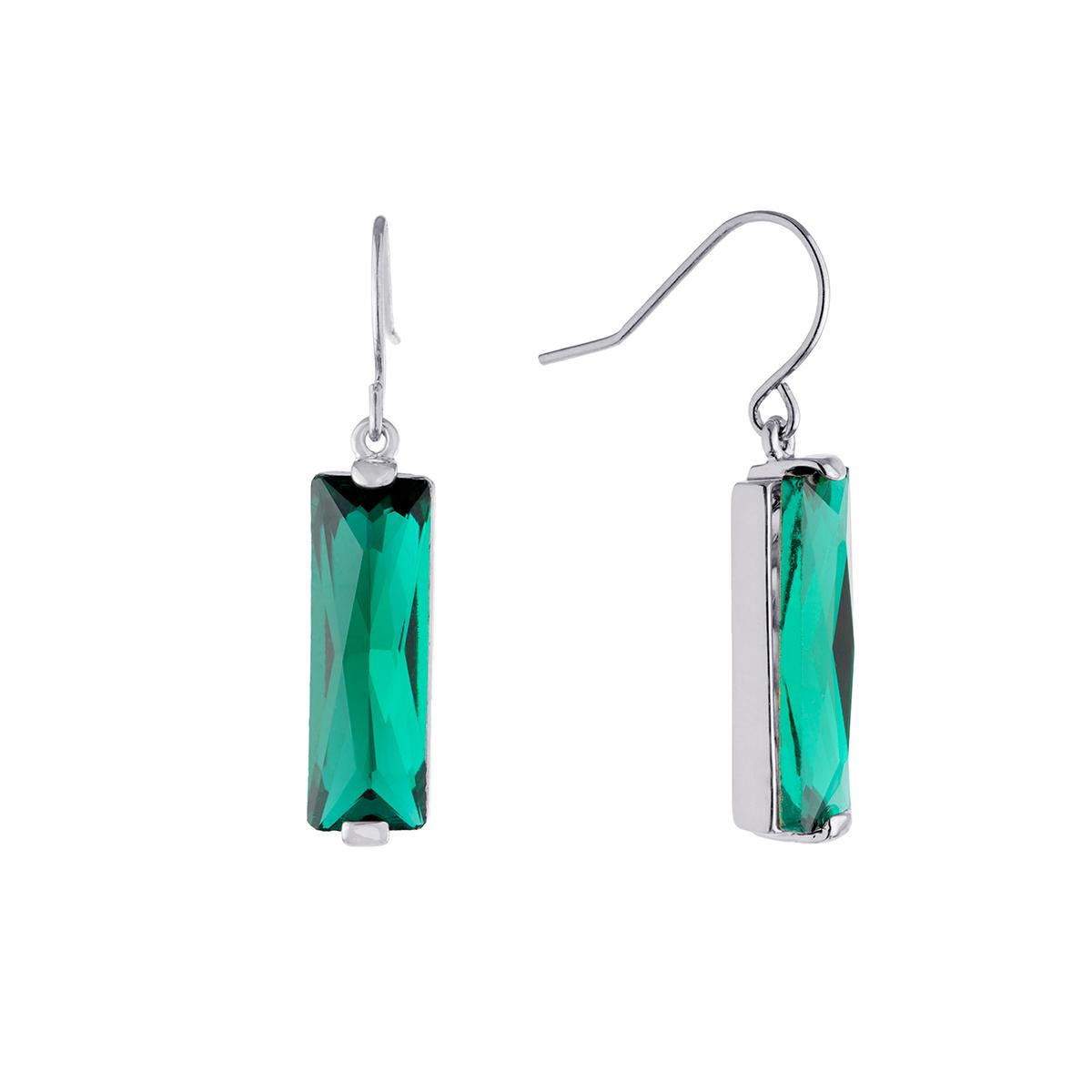 Silver Plated Dark Green Rectangle Shaped Crystal Drop Earrings