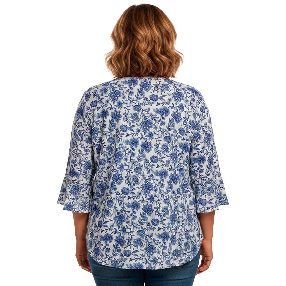 Plus Size Notations 3/4 Ruffle Sleeve Keyhole Neck Floral Blouse