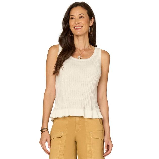 Womens Democracy Sleeveless Peplum Hem Pointelle Sweater
