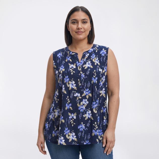Plus Size Napa Valley Sleeveless Floral Bloom Pleat Henley Blouse