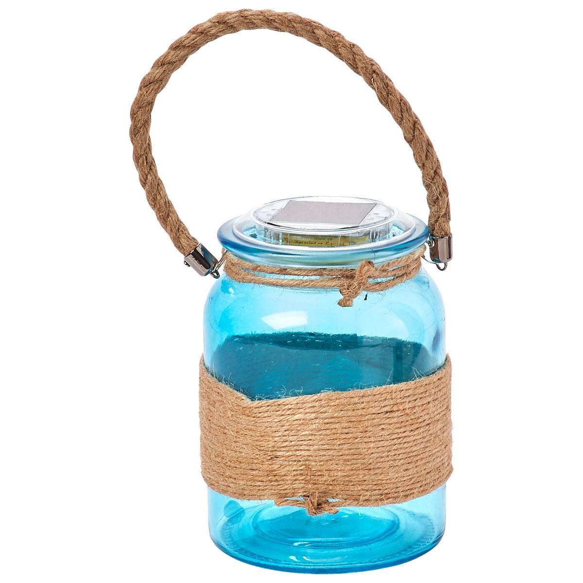 Glass LED Solar hanging Jar w/ Rope Handle - Blue