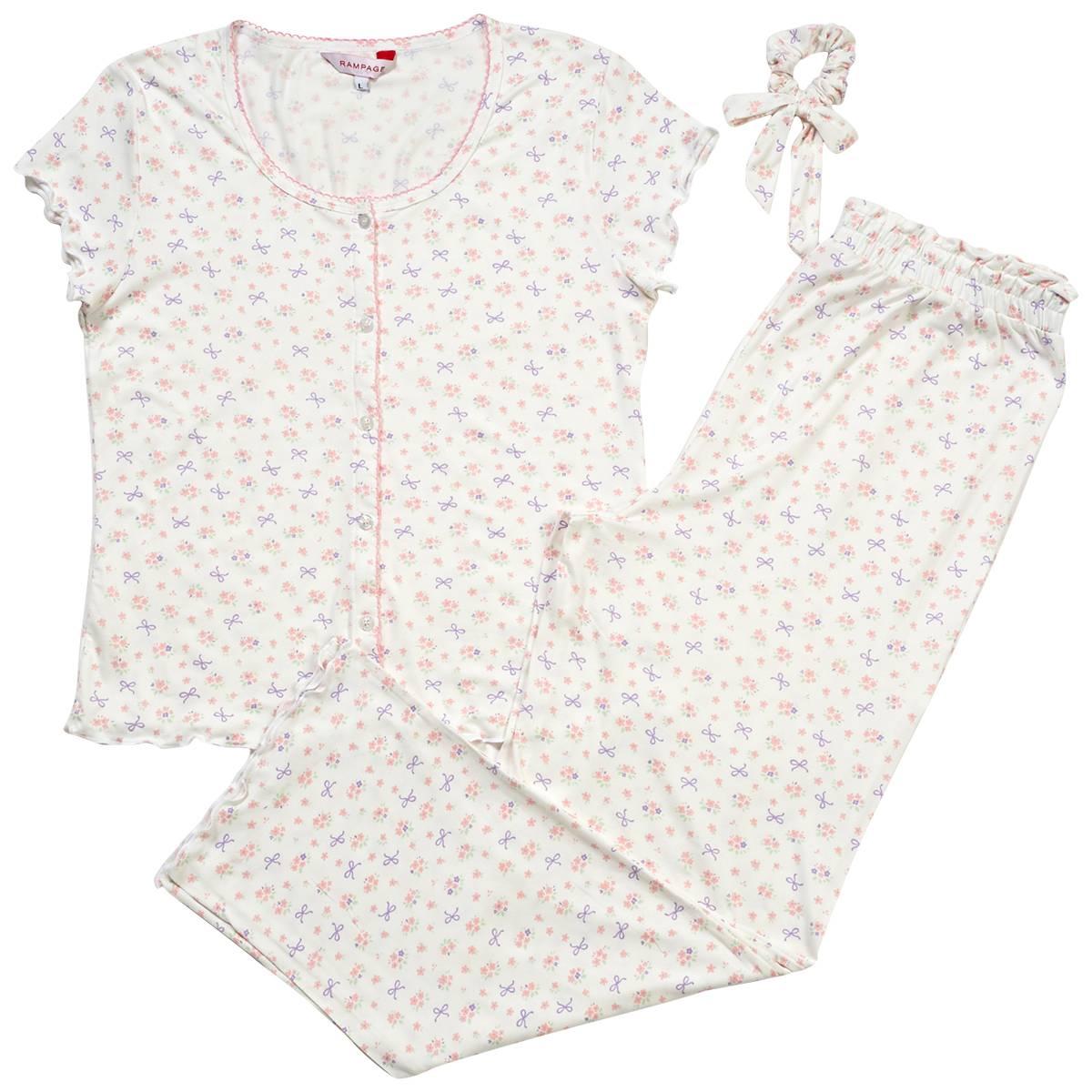 Juniors Rampage Floral & Bows Button Front Long Leg Pajama Set