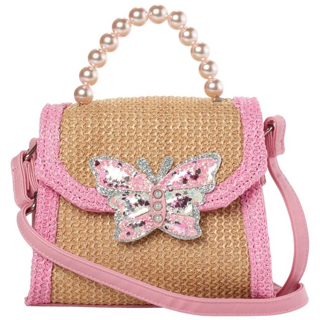 Girls OMG Butterfly Pearl Top Handle Straw Front Crossbody Purse