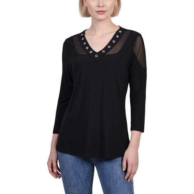 Womens NY Collection 3/4 Sleeve Grommet V Neck Mesh Blouse