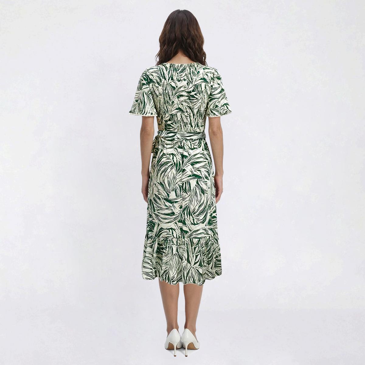 Womens Luxology Short Sleeve V Neck Tropical Leaf Midi Dress