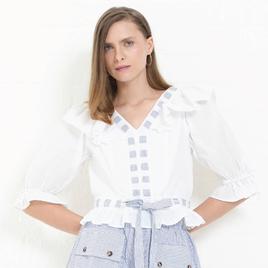 Womens MNK Stripe Elbow Sleeve V-Neck Ruffle Blouse