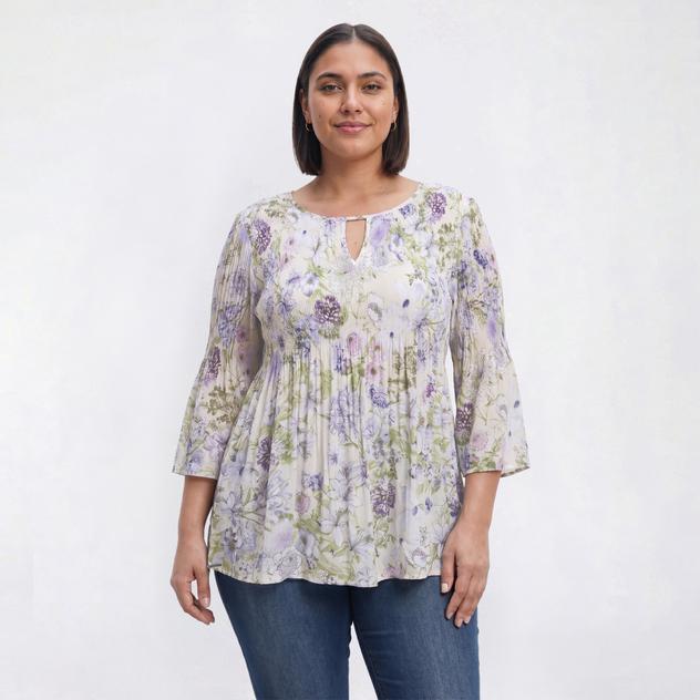 Plus Size Floral & Ivy 3/4 Sleeve Floral Pleater Blouse