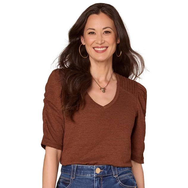 Womens Democracy Short Puff Sleeve V-Neck Crochet Blouse