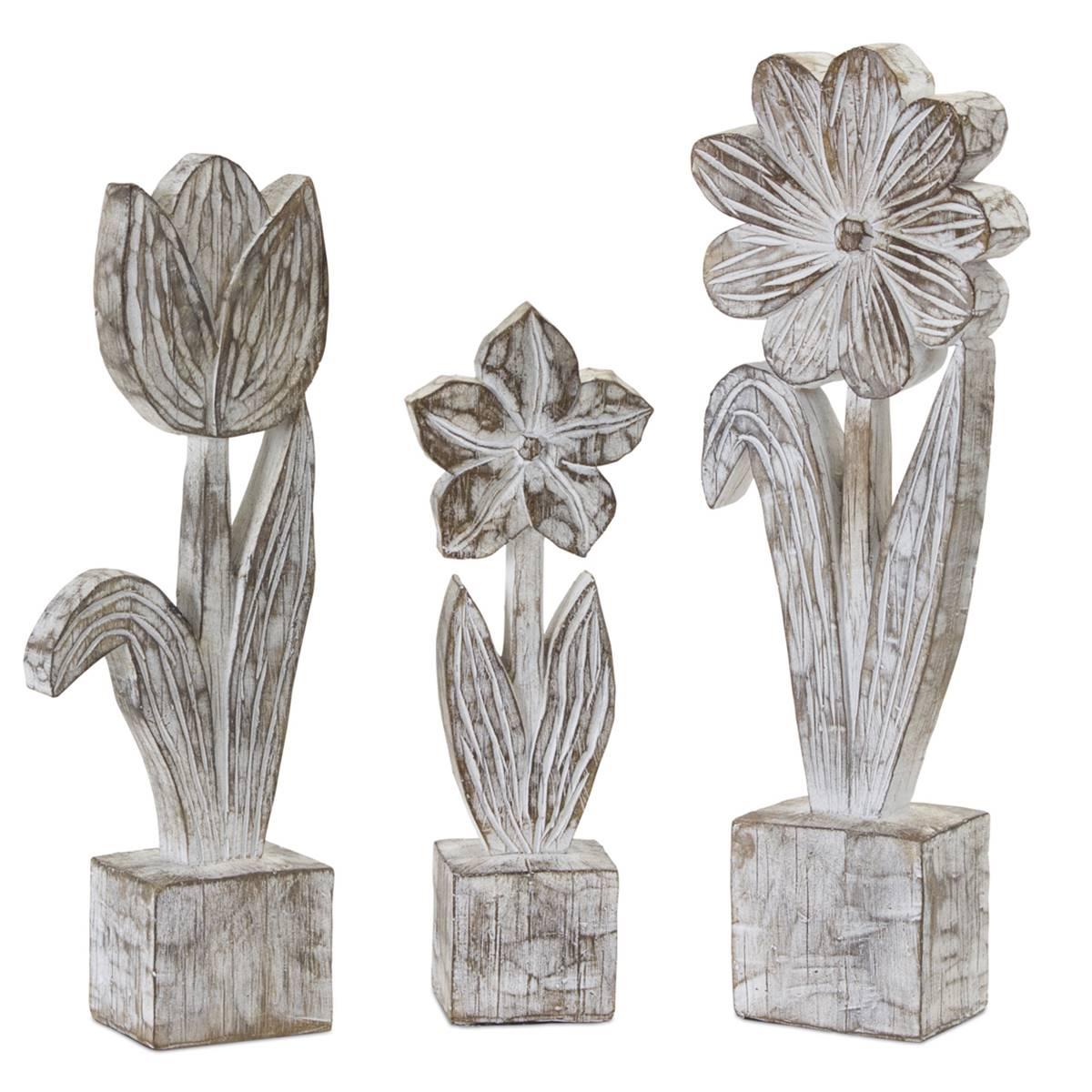 Melrose White Washed Potted Floral Sculpture - Set of 3