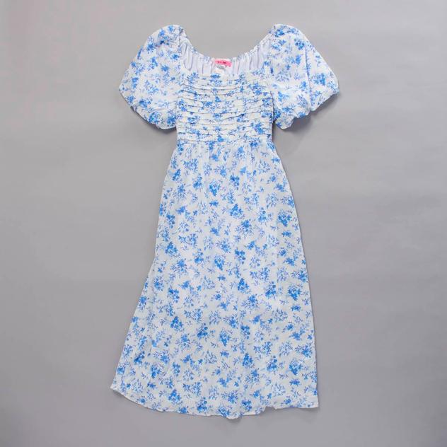 Girls (7-16) Paper Doll Floral Puff Sleeve Maxi Dress - Blue