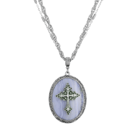 Symbols of Faith Pewter Cross Oval Semi-Precious Necklace