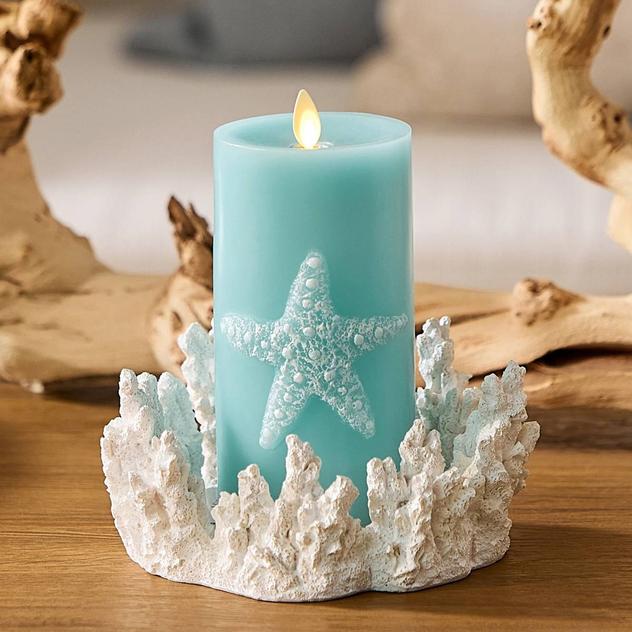 Soft Teal Embossed Starfish Pillar Candle - 3x6.5